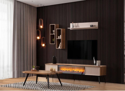 Stylish Living room Wall unit Designer TV cabinet Wood Coffee table 2x shelves